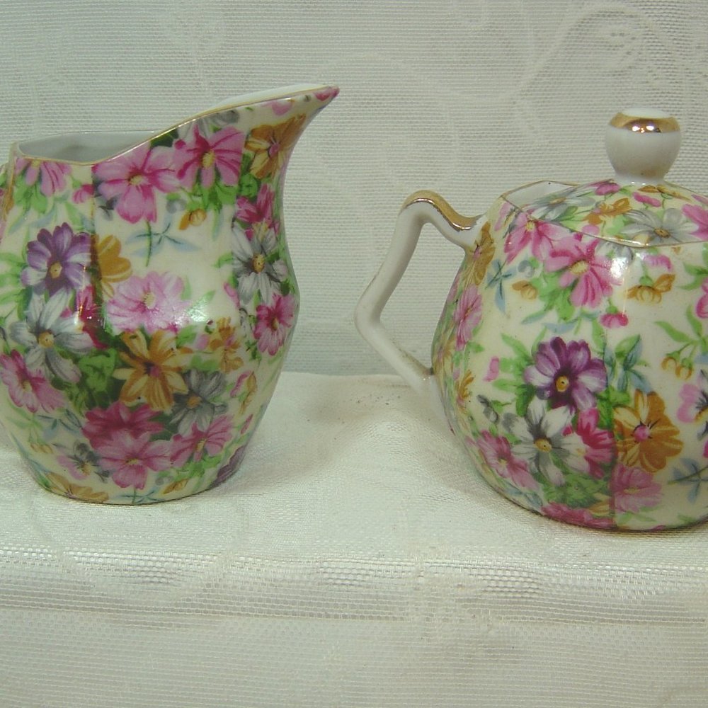 Vintage pink flowered sugar & creamer set--Japan